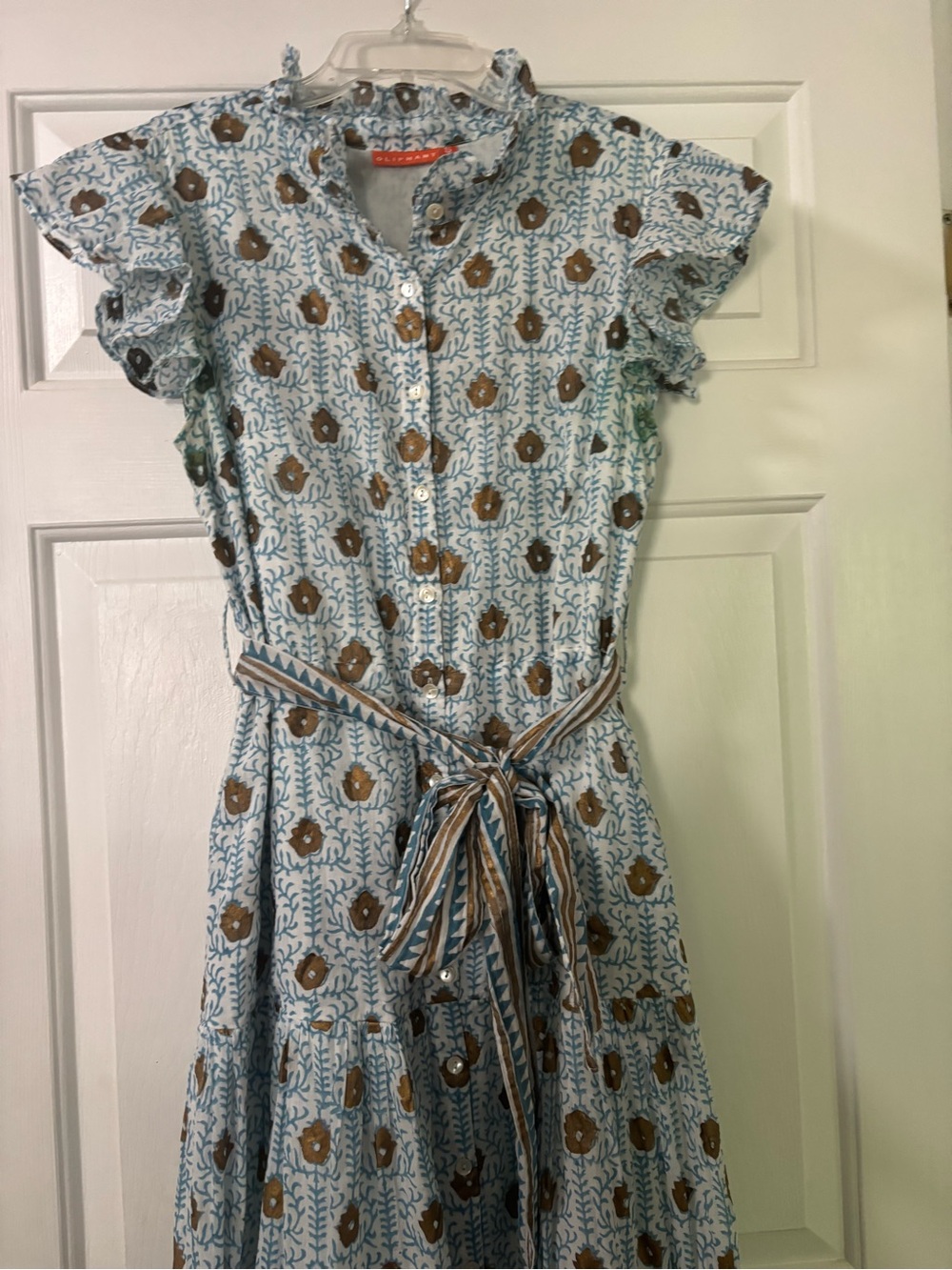 Aqua and Gold Print Dress with Belt
